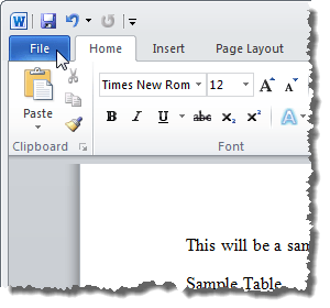 Clicking the File tab in Word 2010