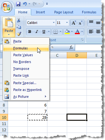 Pasting a formula