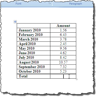 Table for summing in Word 2007