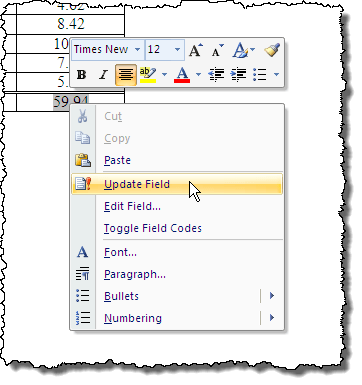 Updating the sum field in Word 2007